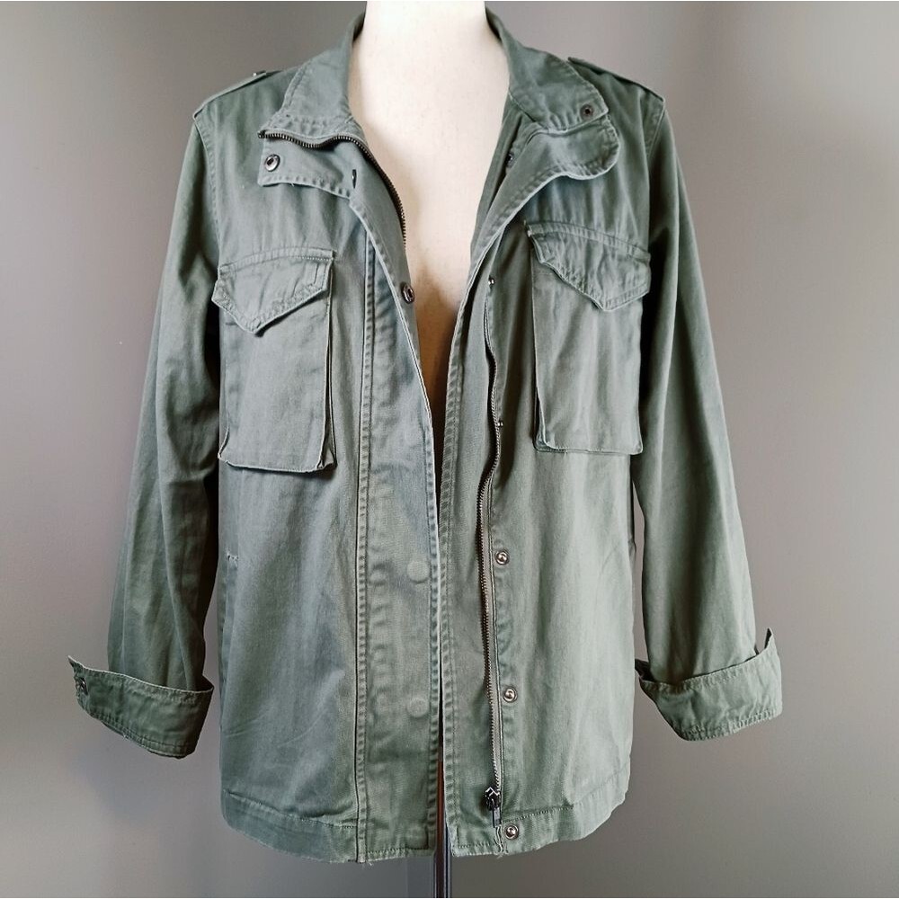 Cotton Utility Jacket Snaps Zip Pockets Army Drab Green Military Epaulets Size M - Picture 6 of 11